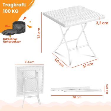 КЕССЕР® Балконний столик розкладний | Стійкий до погодних умов/УФ-стійкий | Балконні меблі з покриттям зі сталі та ротангу | Садовий стіл для вулиці | Меблі для саду з 6 фетровими підставками | Бістро-стіл витримує до 100 кг | Ротанг, білий