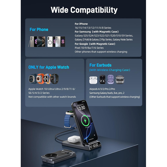 Зарядна станція 3-в-1 бездротова для iPhone, Apple Watch, AirPods, з годинником, для подорожей