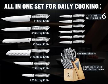 Dragon Riot 14-Piece Self-Sharpening Knife Set with Block - Professional Japanese Stainless Steel Kitchen Knives, Ergonomic Grip, 30cm