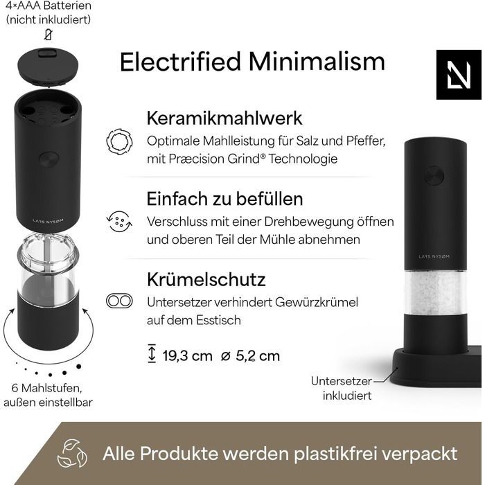 Електричні мельниці для солі та перцю LARS NYSØM (набір 2 шт.) з регулюванням помелу, на батарейках AAA, з підставкою, колір Carbon Black