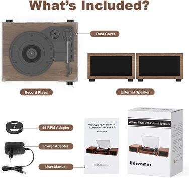 Вініловий програвач Udreamer з Bluetooth 5.3 та динаміками: вінтажний програвач, AUX, RCA, USB, бездротовий зв'язок