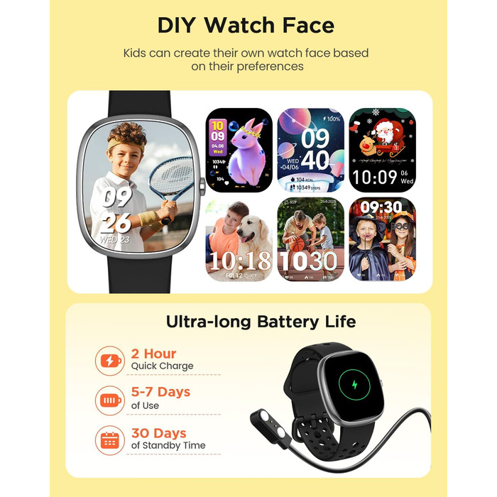 Дитячий розумний годинник для хлопчиків та дівчаток, фітнес-трекер активності з 100+ спортивними режимами, крокомір, монітор серцевого ритму та сну, водонепроникність IP68, подарунок для підлітків 5-16 років, чорний