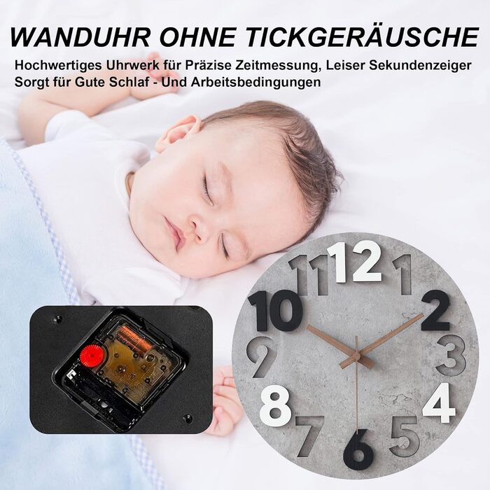 Sinsoledad 30cm Large Wall Clock No Ticking Sound Modern Wood 3D Wall Clocks for Living Room Bedroom Kitchen (Gray)