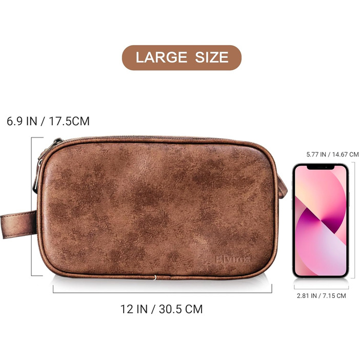 Чоловічий туалетний набір Elviros з PU-шкіри, водонепроникний, велика місткість, для подорожей, спортзалу та ванної кімнати, темно-коричневий, розмір L (30,5 x 17 x 18 см)