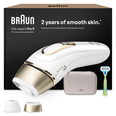 Braun Silk·expert Pro 5 IPL – апарат для епіляції в домашніх умовах, біло-золотий (2 насадки + тример для обличчя), Німеччина