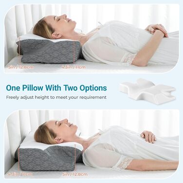 Ортопедична подушка Elviros з Memory Foam, ергономічна подушка для шиї, для тих, хто спить на боці, спині та животі, знімний чохол, Space Grey, 64×(11,5/13)×40 см