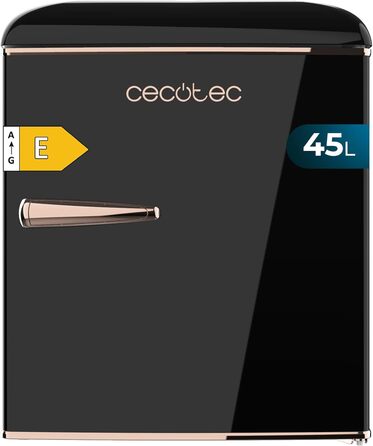Cecotec 45L Retro Mini Fridge - Black Tabletop Refrigerator with Chrome Handle & Icebox - Energy Class E