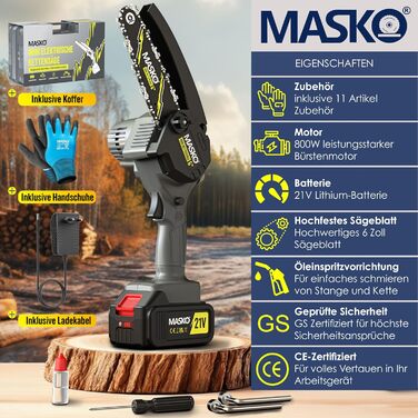 MASKO® Міні акумуляторна бензопила 800W, 6 дюймів, 8000mAh | Електрична пила з автоматичною подачею оливи | Ручна бензопила для обрізки гілок та деревини | У комплекті кейс, 2x акумулятори 4000mAh та 2 запасні ланцюги 6 дюймів, чорний/антрацит