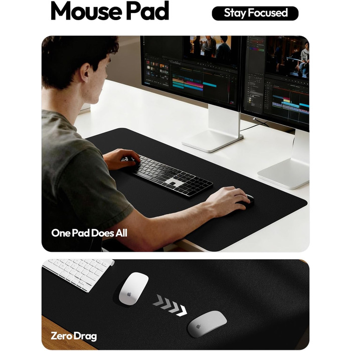 Килимок для миші шкіряний преміум YSAGi XXL 90x43 см, чорний - офісний килимок на стіл для роботи та дому