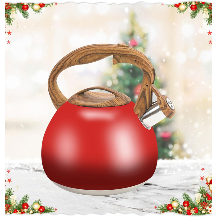 Чайник-свисток Foedo з нержавіючої сталі з дерев'яною ручкою, 3.2 л, градієнт червоного кольору, для чаю, кави та молока, класичний дизайн