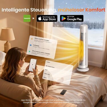 Електричний обігрівач PTC 2000W з термостатом та дистанційним керуванням, тихий, з осциляцією 70°, таймером 12h, захистом від перегріву та нахилу, чорний, 1 шт. (74 см, сріблястий)