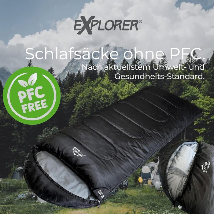EXPLORER® EF-200 XXL Sleeping Bag -18°C to +3°C | 400GSM | Outdoor Sleeping Bag for Adults - Camping, Trekking, Festivals, Travel | PFC-Free, Right Zipper, Black