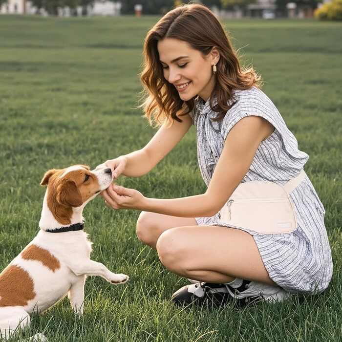 Сумка для дресирування собак Leckerlibeutel, з невеликим кишеньковим мішечком, вбудованим диспенсером для собачих екскрементів та тримачем для пакетів, кремового кольору