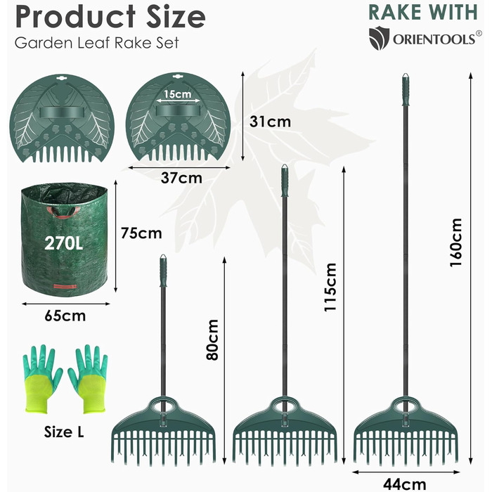 ORIENTOOLS Gardening Tools Set, Gardening Work Set with Garden Rake 160cm, Leaf Rake, Gloves, Garden Waste Bag, Gifts for Garden Lovers