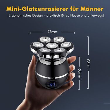 Електричний гоління для чоловіків ETENTOUS Glatzen Rasierer - 7D, 6-в-1, для гоління голови, бороди, носа, IPX7, чорний