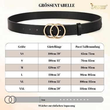 Жіночий шкіряний ремінь JasGood з подвійною кільцевою пряжкою для джинсів, штанів, суконь - чорний, XS (100 см, об'єм талії 65-75 см)