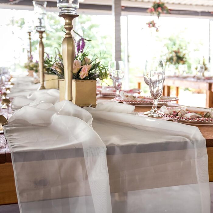 10 Piece Chiffon Table Runners, Wedding Table Runners, Transparent, Romantic Tulle Table Runners for Christmas, Wedding, Bridal Shower, Baby Shower, Birthday Party, Table Decorations (White, 300x30cm)