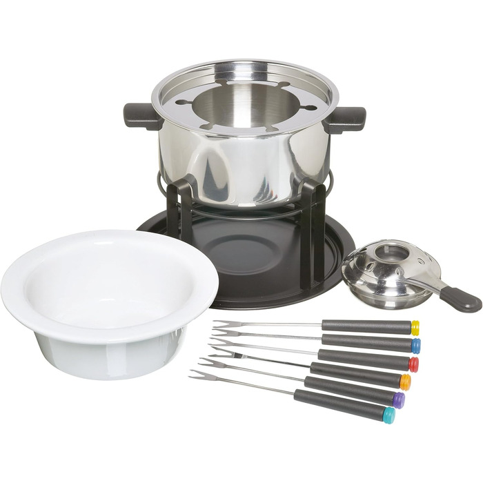 Набір для фондю KitchenCraft 3-в-1 з кольоровими виделками, для шоколадного, м’ясного та сирного фондю, сріблястий