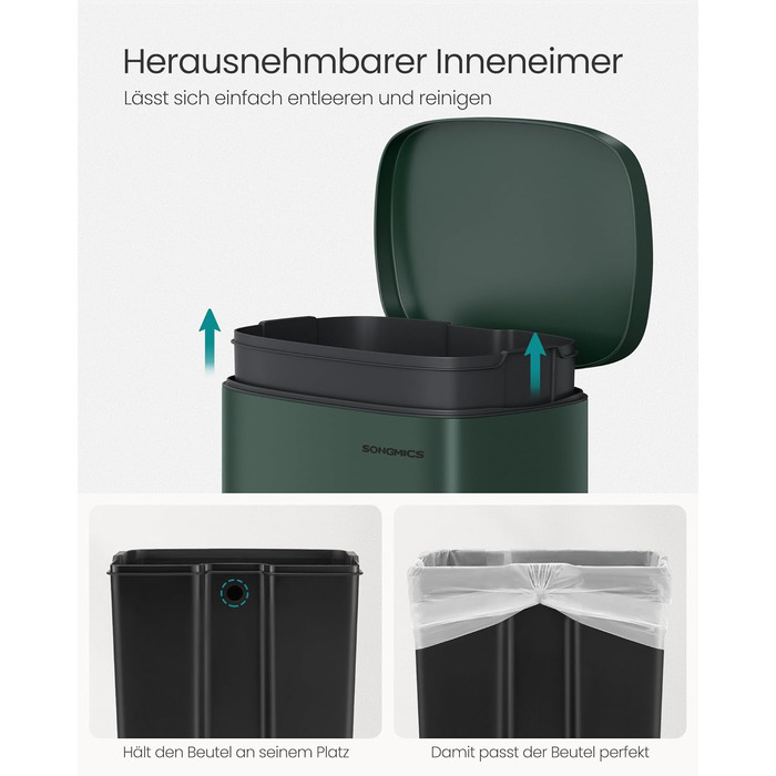 Відро для сміття SONGMICS 50 л, з педальним механізмом, сталеве, з м'яким закриттям, для кухні (Vintage Green)