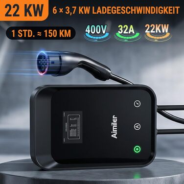 Зарядна станція для електромобілів AIMILER Wallbox 11кВт, 3-фазна, Typ 2, кабель 7.6м, з LCD-дисплеєм, лічильником електроенергії та керуванням через додаток, IP66, RCBO, чорна