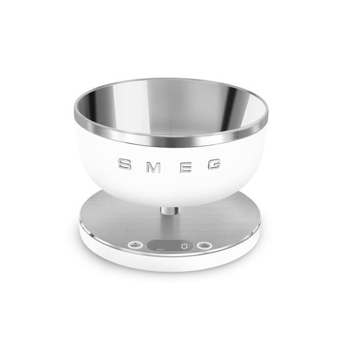 Кухонні електронні ваги Smeg KSC01BLMWW з чашею з нержавіючої сталі, функцією тари, 4 одиниці вимірювання, до 5 кг, білі