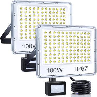 LED Floodlights with Motion Sensor Outdoor 100W 2 Pack, 10000LM LED Spotlights with Motion Sensor, 6500K Cool White Outdoor Floodlights, IP67 Waterproof Floodlights for Warehouse, Garden, Garage