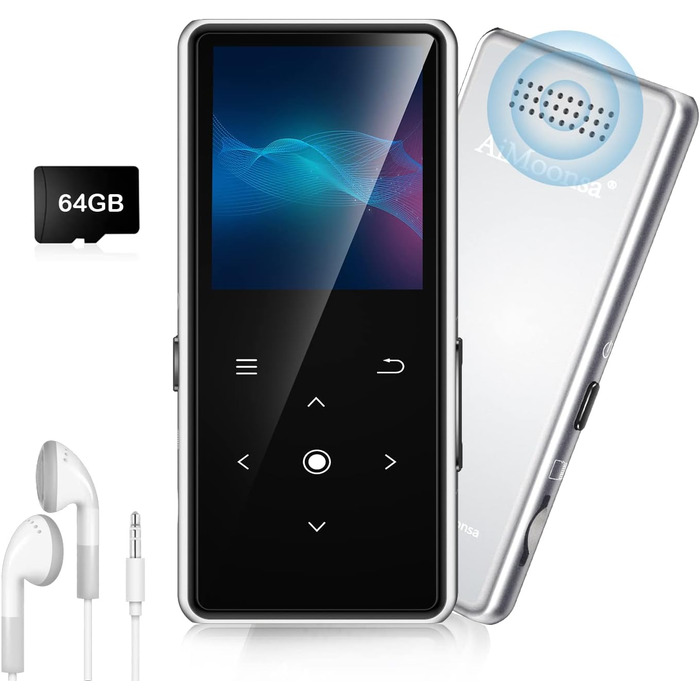 MP3-плеєр AiMoonsa 64GB з Bluetooth 5.2, FM-радіо, Hi-Fi звук, E-Book, вбудований HD-динамік, запис голосу, сріблястий