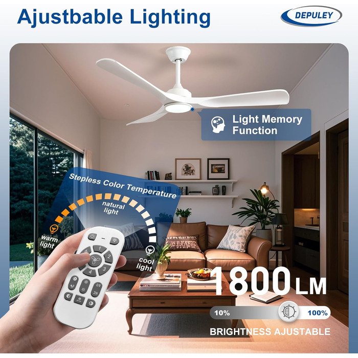 Depuley Потолочний вентилятор з підсвічуванням для вулиці: LED лампа з вентилятором для саду, тераси - 132см, з пультом керування, для вітальні, ресторану, офісу (Білий, 52 дюйми)