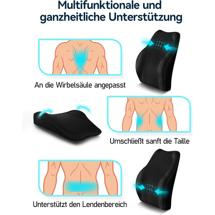 Подушка для спини Ergonomica Travel Ease з Memory Foam, для офісного та комп'ютерного крісла, з антистатичним, приємним до шкіри чохлом, для комфортної посадки (Чорний)