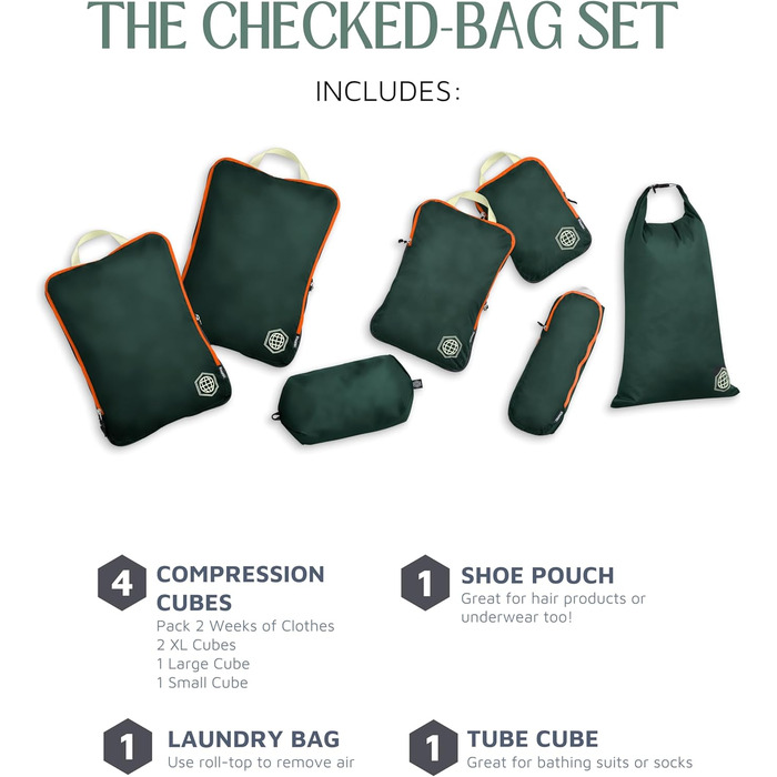 Набір органайзерів для подорожей Trippped Travel Gear: 7 шт., великий розмір, компресійні, для одягу (зелений/помаранчевий)
