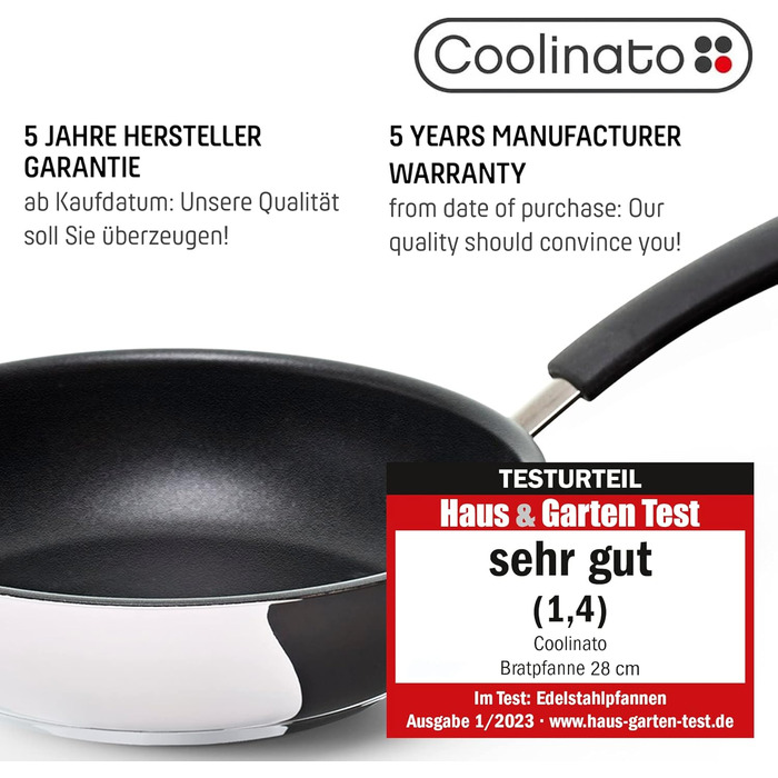 Сковорода Coolinato 28 см з антипригарним покриттям, нержавіюча сталь, для плити (газ, кераміка, електро), індукції та духовки