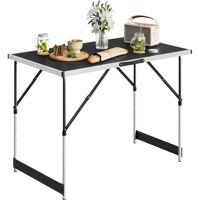 Стіл для кемпінгу та відпочинку Woltu: розкладний, регульований, 100x60 см, алюміній та MDF (Чорний)