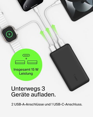 Powerbank Belkin 20000mAh з USB-C та USB-A: заряд для iPhone, Galaxy, Pixel, iPad, AirPods та інших пристроїв – Чорний