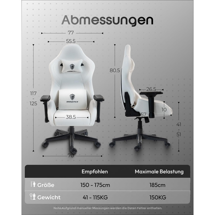 Ігровий крісло Dowinx з 4D підлокітниками, функцією гойдання 15° та регулюванням спинки до 165°, масажний, ергономічний, дизайн у стилі гоночного авто, для геймерів, Esport, вантажопідйомність 135 кг, білий