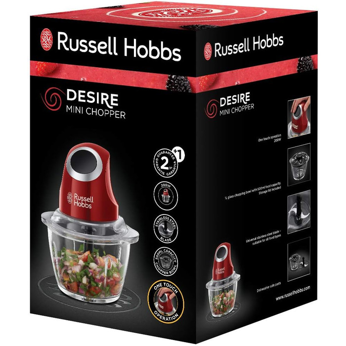 Russell Hobbs Mini Electric Chopper [Glass Bowl with Storage Lid] Desire Red (500ml, Vegetable Chopper, Mixer, Multi- & Universal Chopper for Vegetables, Fruit & Meat) 24660-56 Mini Chopper