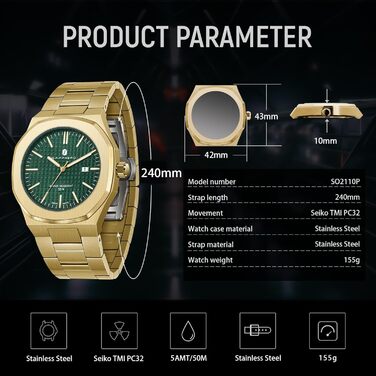 Годинник SAPPHERO для чоловіків: класичні кварцові годинники з нержавіючої сталі, водостійкі 50M, з календарем, зелене циферблат, золотий браслет. Елегантний подарунок для чоловіків.