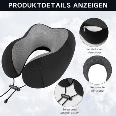 Подушка для шиї у літак CNMTCCO, регульована, з піною Memory Foam, ергономічна, з навушниками, маскою для очей, сумкою, для подорожей (літак, авто), чорна