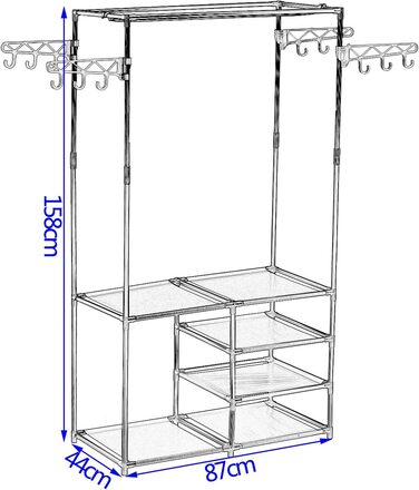 Wardrobe open, coat rack with clothes rail and 12 hooks, freestanding wardrobe with shelf, for dressing room, bedroom, 44 x 87 x 158 cm, Black