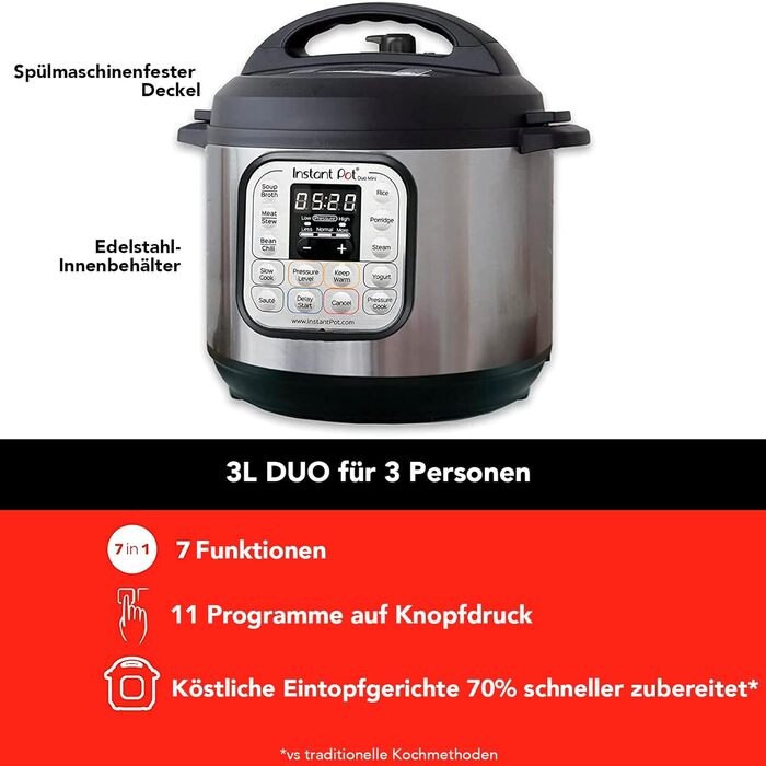 Instant Pot Duo 30 Electric Multi-Cooker 3L - Pressure Cooker, Slow Cooker, Rice Cooker, Sauté Pan, Yogurt Maker, Steamer, and Food Warmer, Stainless Steel, Silver Duo 3 Liter