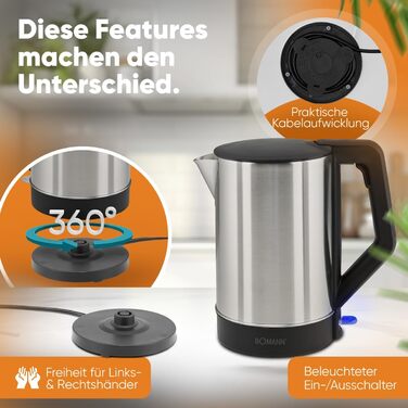 Електричний чайник Bomann WKS 3002 CB: 1,5 л, нержавіюча сталь, BPA Free, зручна кнопка, білий