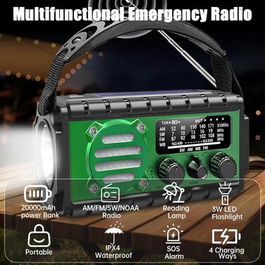 Сонячне радіо з ручним генератором 20000mAh, аварійне радіо SW/AM/FM з Powerbank, LED-ліхтарик, лампа для читання, SOS-сигнал, USB-порт для активного відпочинку