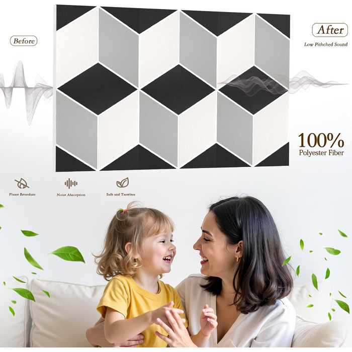 Акустичні панелі JBER для стін самоклеючі, шумопоглинаючі 3D-панелі для студії, офісу та дому, гексагональні (12 шт), 30×30×1 см, чорно-білі
