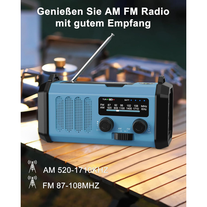 Сонячне радіо з ручним приводом, динамо, екстрене радіо AM/FM з ліхтариком, SOS, компас для дому та відпочинку на природі, USB-зарядка, 48100mAh, блакитне