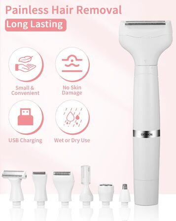 Набір для епіляції та стрижки 7-в-1 для жінок: тример для обличчя, бікіні, під пахвами, носа. USB, водонепроникний, портативний.