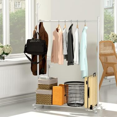 Clothes Rack Clothes Hanger Portable - Rolling Clothes Rack on Wheels With Bottom Shelves (White)
