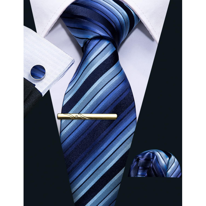 Шовкова краватка Barry.Wang для ділового стилю з хустинкою та краватковою застібкою, набір у клітинку, святкова, синього кольору