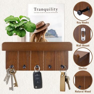 Дерев'яне ключниця з поличкою, ключниця на стіну з 5 гачками, декоративне настінне кріплення для ключів, підходить для прихожей, коридору, кухні, спальні (Темно-коричневий)