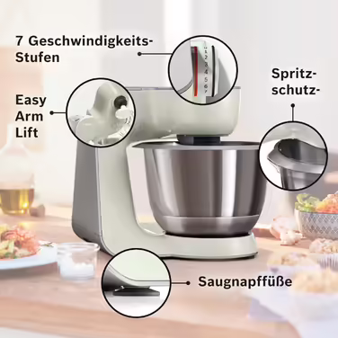 Bosch Kitchen Machine Series 4 MUM58L20, Stainless Steel Bowl 3.9 L, Mixer 1.25 L, Planetary Mixer, Dough Hook, Beater and Whisk Stainless Steel, Food Processor with Through-Feed, 3 Discs, 1000 W, Grey/Silver Grey / Silver