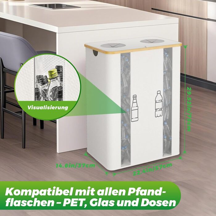Laundry basket with 2 compartments, deposit bottle collection container with lid, container for deposit bottles, glass recycling, and paper waste collection, deposit bottle container bamboo with bag, must-have (Beige/Cream, XXL)