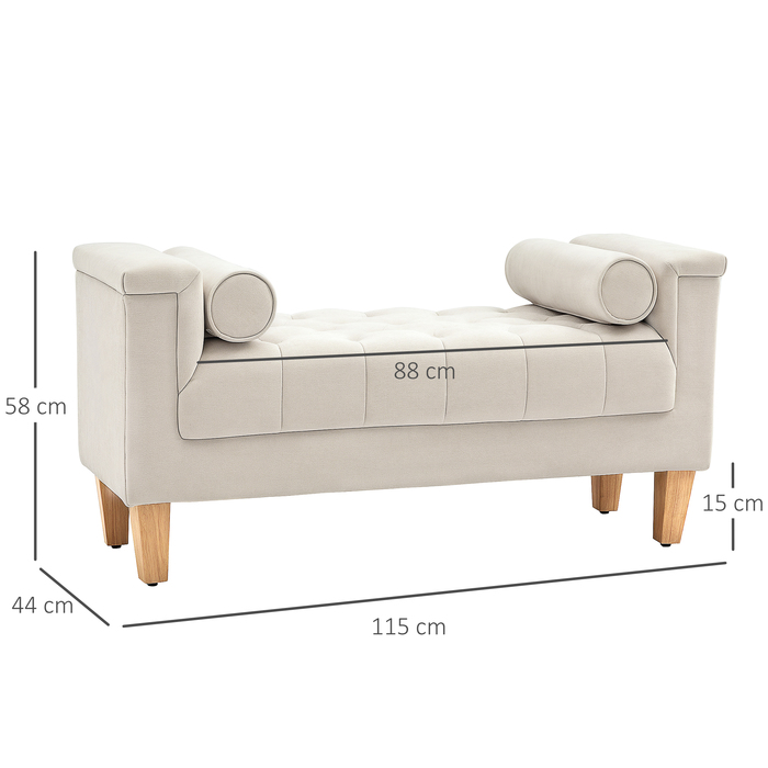 HOMCOM Bench with Chenille Upholstery, Armrest Bed Bench with 2 Cylinder Cushions, Wooden Frame, Shoe Bench for Bedroom, Living Room, Entryway 115 x 44 x 58 cm Beige | Aosom